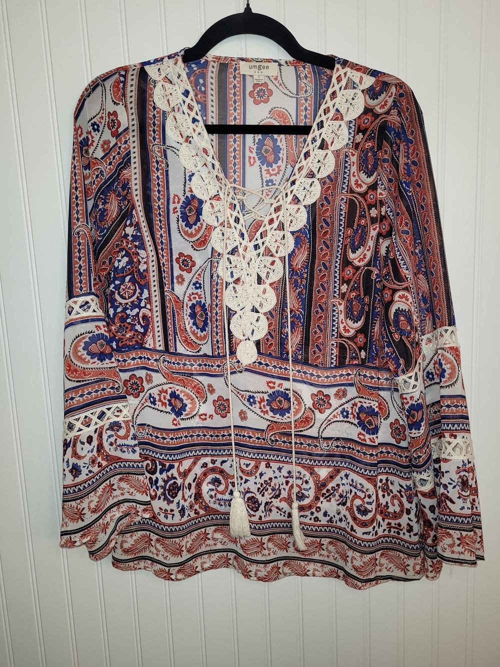 Umgee Boho Blue, Rust & Cream Paisley Peasant Lace-Up Top with Crochet Size S
